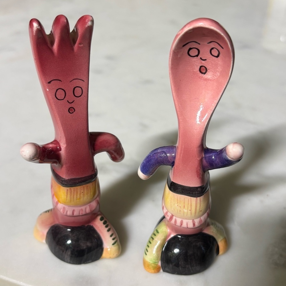 Vintage anthropomorphic ceramic fork and spoon salt and pepper shakers